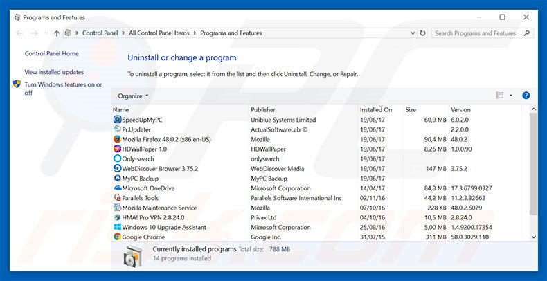 Cookies On-Off adware uninstall via Control Panel