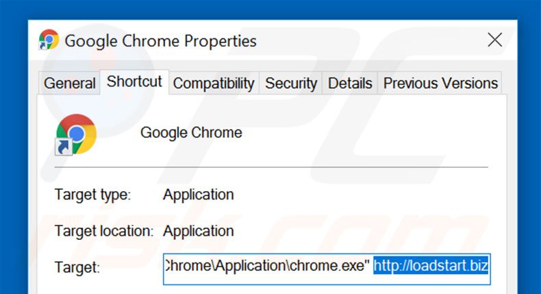 Removing loadstart.biz from Google Chrome shortcut target step 2