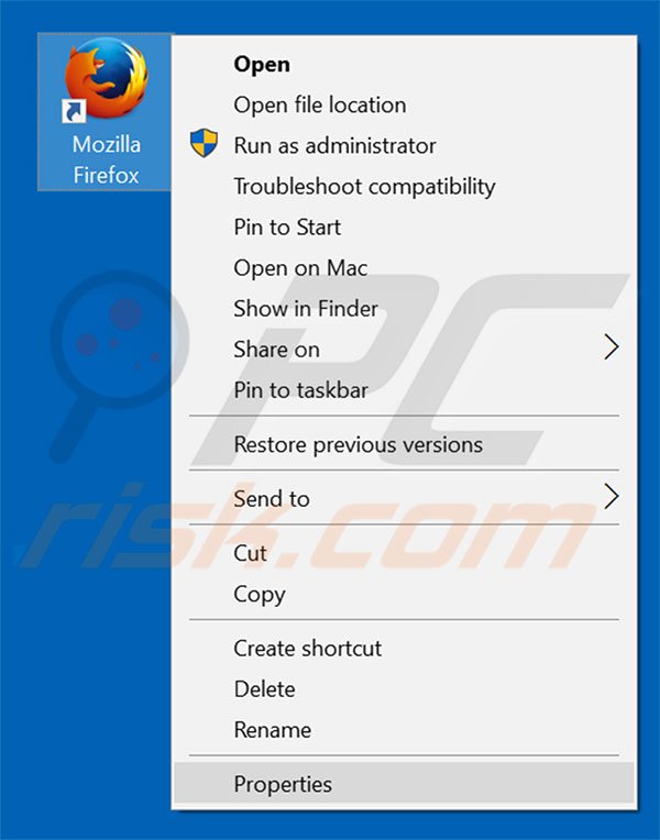 Removing loadstart.biz from Mozilla Firefox shortcut target step 1