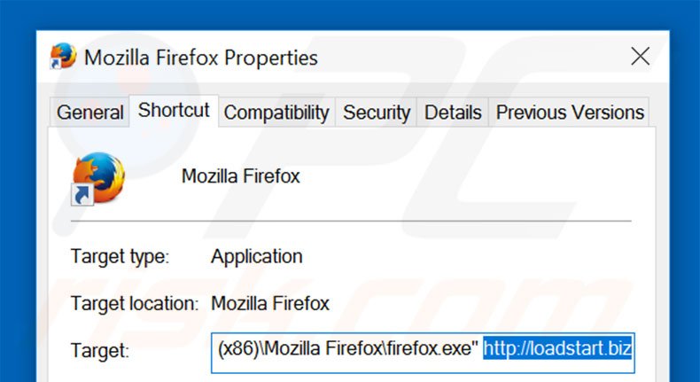 Removing loadstart.biz from Mozilla Firefox shortcut target step 2