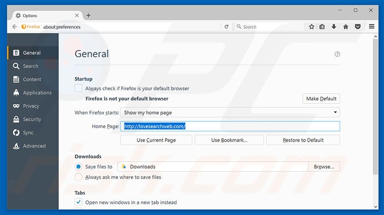 Removing lovesearchweb.com from Mozilla Firefox homepage