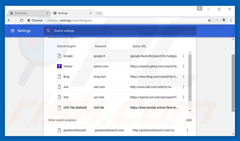 Removing search.chill-tab.com from Google Chrome default search engine