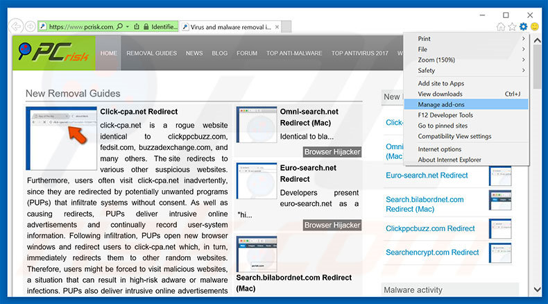 Removing clicknshare.net ads from Internet Explorer step 1