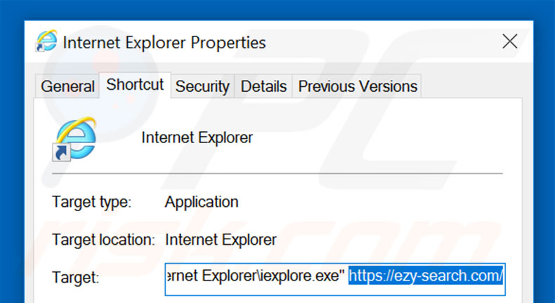 Removing ezy-search.com from Internet Explorer shortcut target step 2