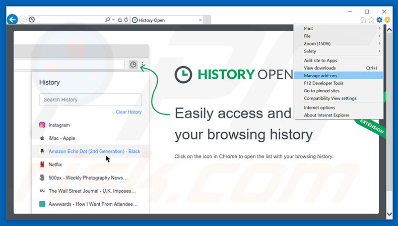 Removing History Open ads from Internet Explorer step 1