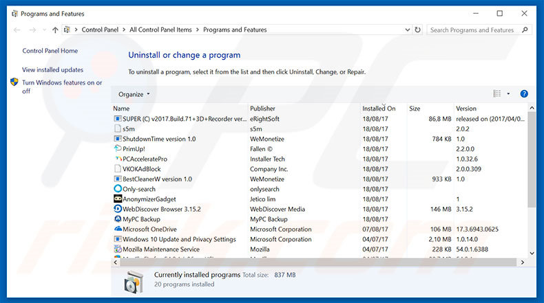 Ransomware Detected adware uninstall via Control Panel