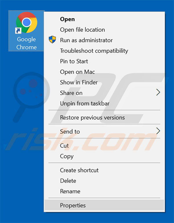 Removing searchkska.xyz from Google Chrome shortcut target step 1