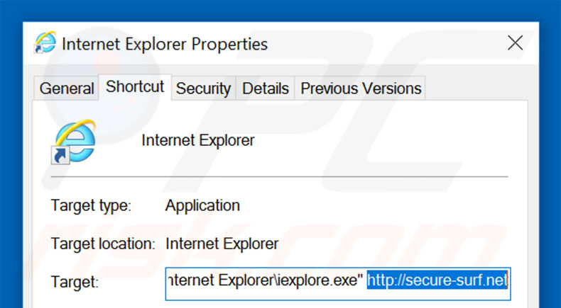 Removing secure-surf.net from Internet Explorer shortcut target step 2