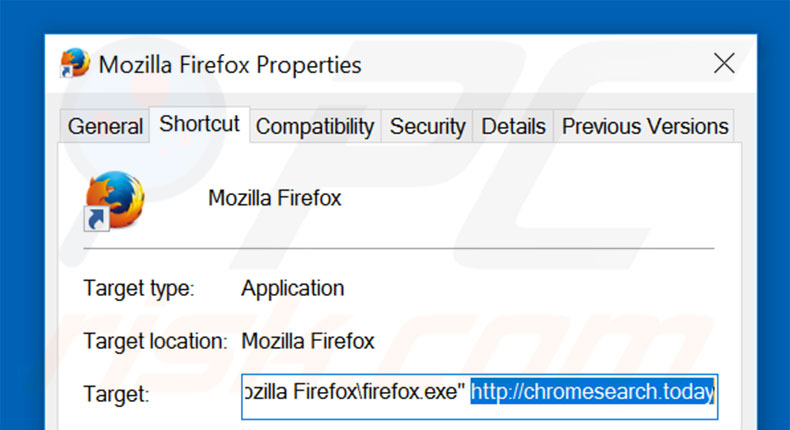 Removing chromesearch.today from Mozilla Firefox shortcut target step 2