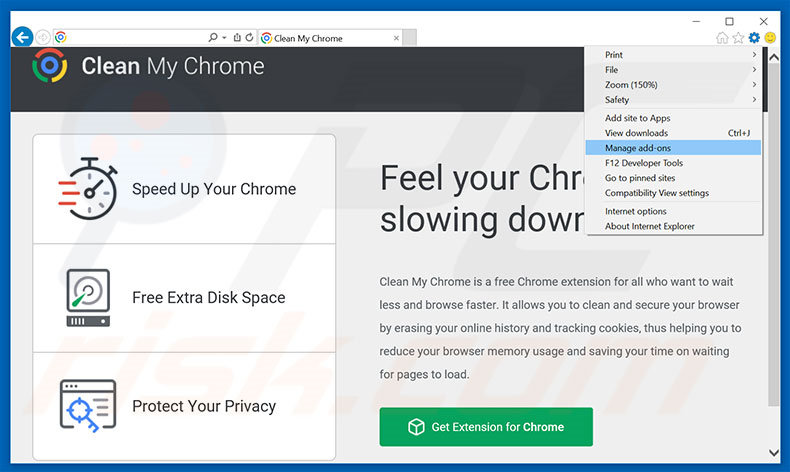 Removing Clean My Chrome ads from Internet Explorer step 1