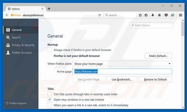 Removing fidonav.com from Mozilla Firefox homepage