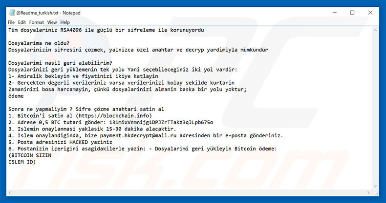 Hacked ransomware text file Turkish variant