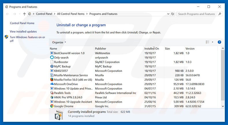 Microsoft Security Alert adware uninstall via Control Panel