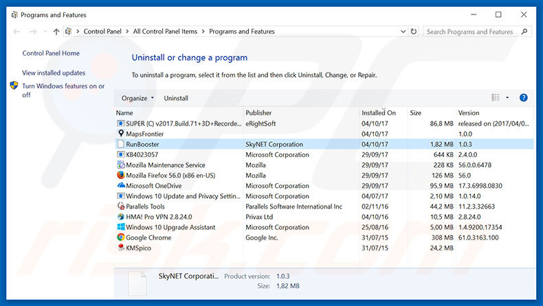 RunBooster adware uninstall via Control Panel
