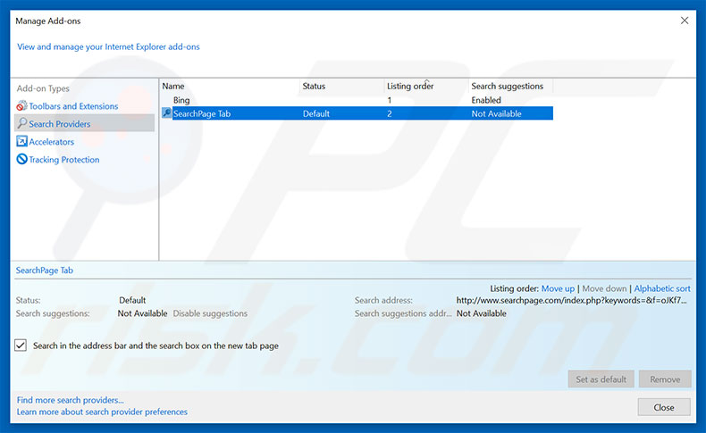 Removing searchpage.com from Internet Explorer default search engine