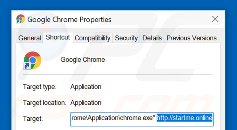 Removing startme.online from Google Chrome shortcut target step 2