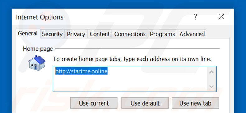 Removing startme.online from Internet Explorer homepage