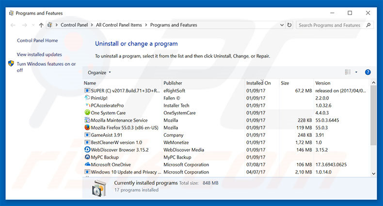 startme.online browser hijacker uninstall via Control Panel