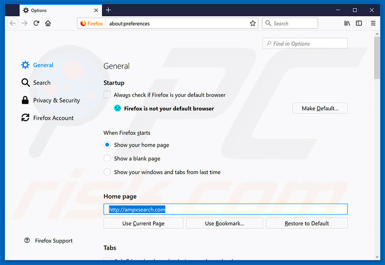 Removing ampxsearch.com from Mozilla Firefox homepage
