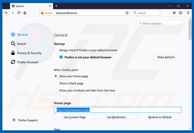 Removing chromesearch.club from Mozilla Firefox homepage