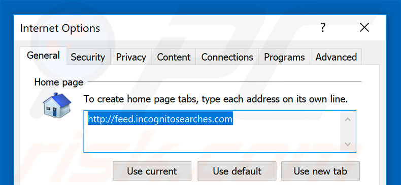 Removing feed.incognitosearches.com from Internet Explorer homepage