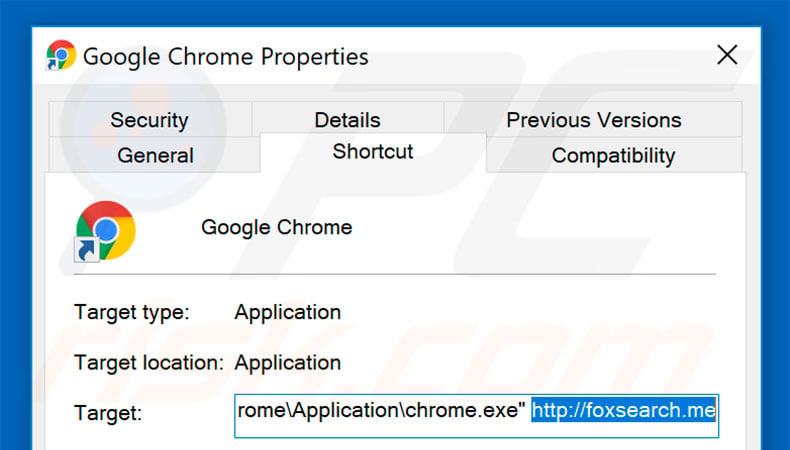 Removing foxsearch.me from Google Chrome shortcut target step 2