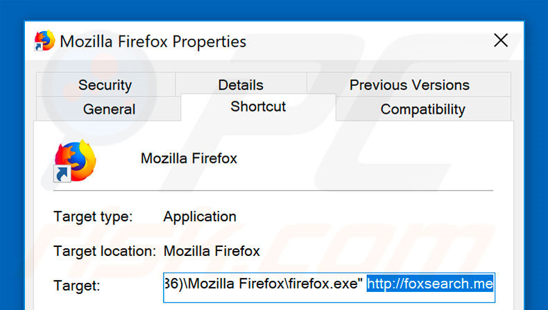 Removing foxsearch.me from Mozilla Firefox shortcut target step 2