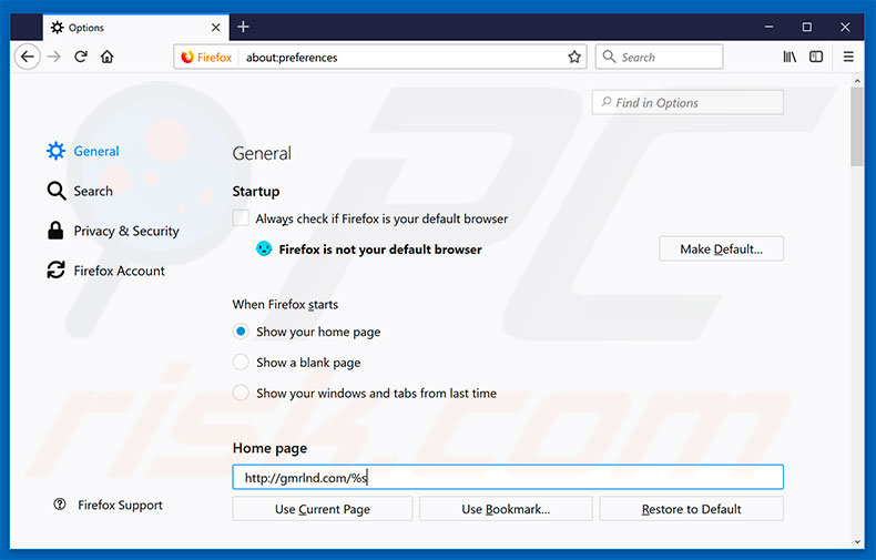 Removing gmrlnd.com from Mozilla Firefox homepage