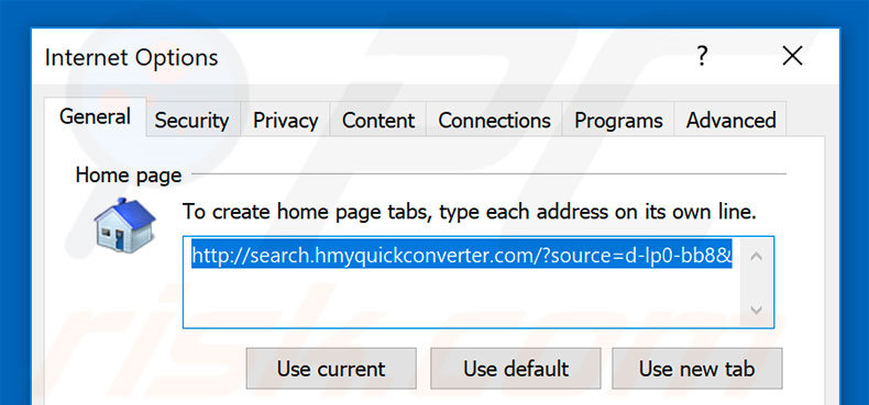 Removing search.hmyquickconverter.com from Internet Explorer homepage