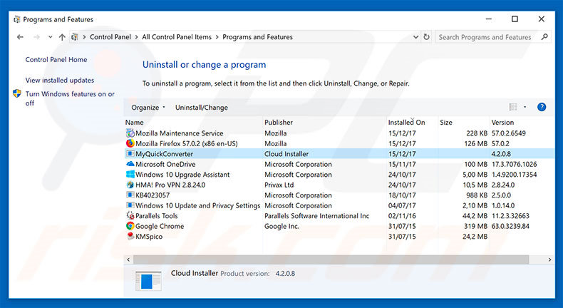 search.hmyquickconverter.com browser hijacker uninstall via Control Panel