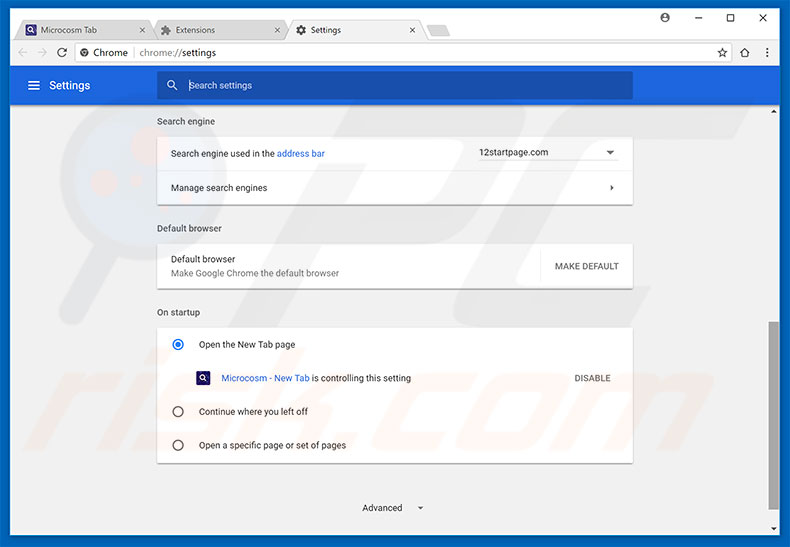 Removing search.microcosmtab.com from Google Chrome homepage