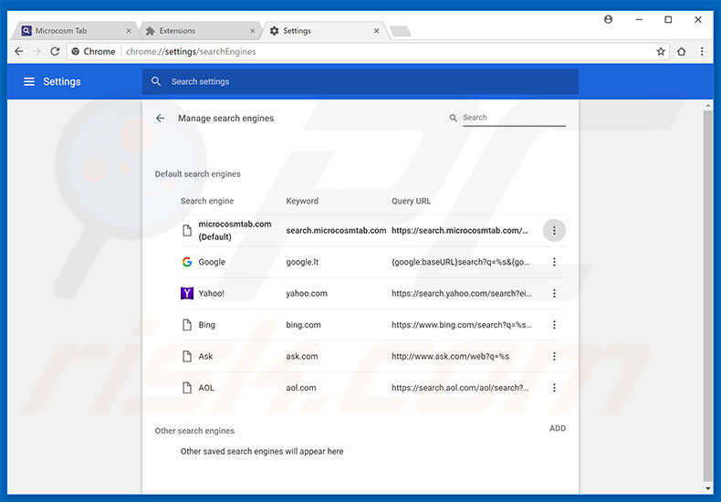 Removing search.microcosmtab.com from Google Chrome default search engine