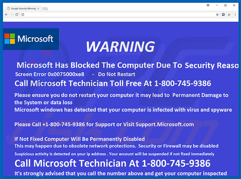 Webseite zeigt den Microsoft Has Blocked The Computer Betrug an