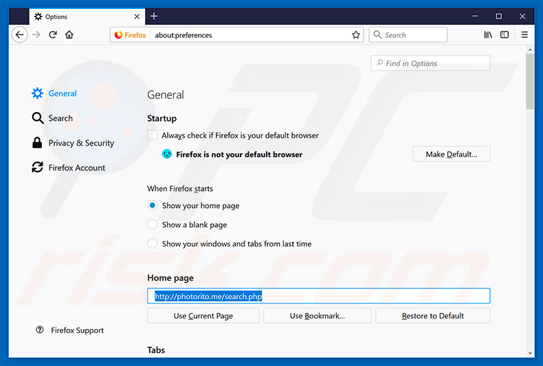 Removing photorito.me from Mozilla Firefox homepage