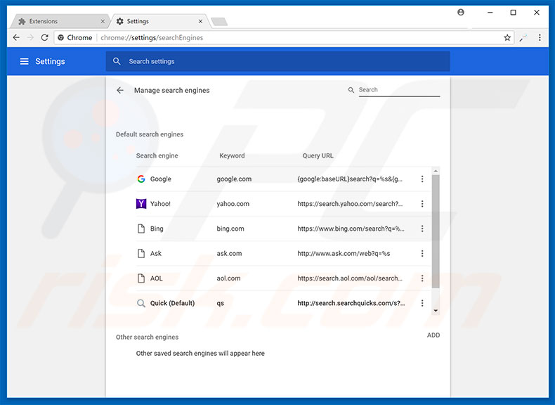 Removing search.searchquicks.com from Google Chrome default search engine