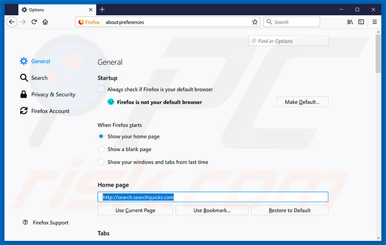 Removing search.searchquicks.com from Mozilla Firefox homepage