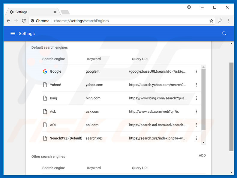 Removing search.xyz from Google Chrome default search engine