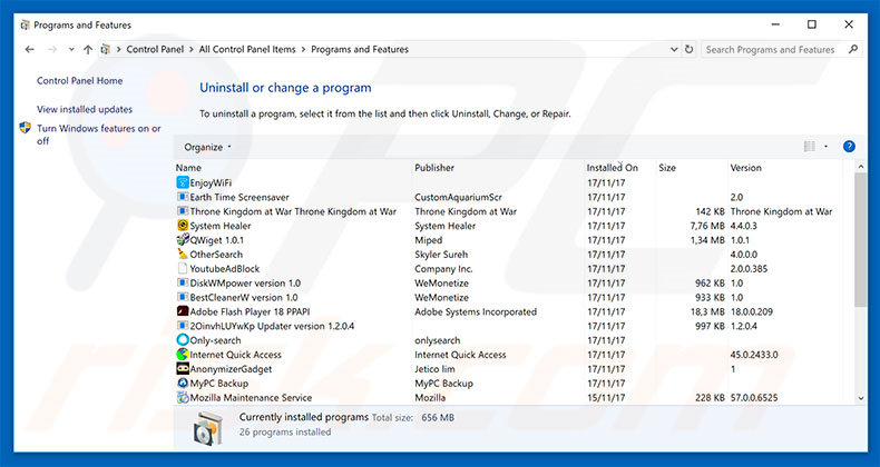 Windows Detected ZEUS Virus adware uninstall via Control Panel