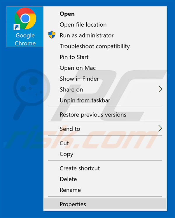 Removing browser hijacker from Google Chrome shortcut target step 1