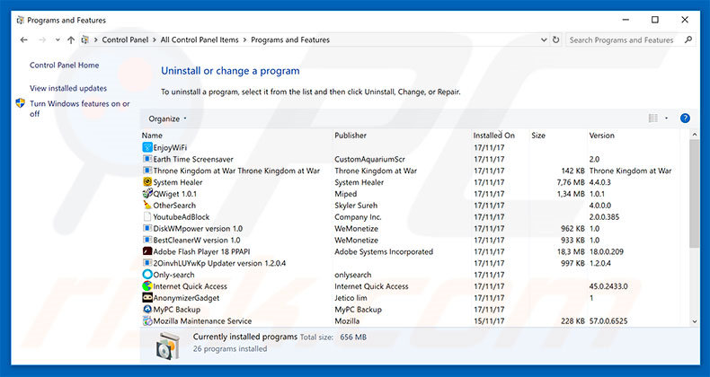 Firefox Requires A Manual Update adware uninstall via Control Panel