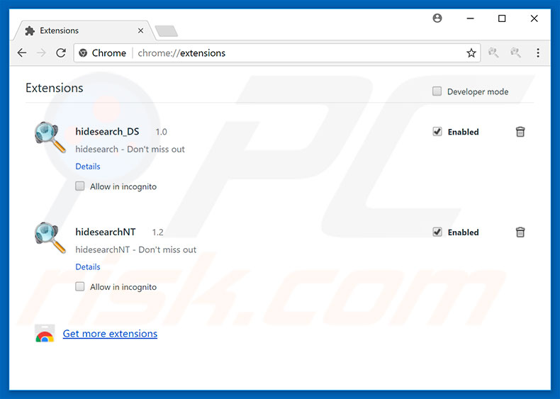 Mit search.hidesearch.bid verwandte Google Chrome Erweiterungen entfernen