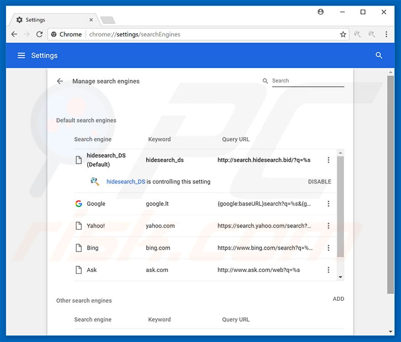 search.hidesearch.bid von der Google Chrome Standardsuchmaschine entfernen