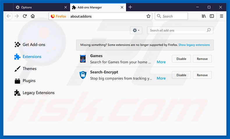 Mit search.hidesearch.bid verwandte Mozilla Firefox Erweiterungen entfernen