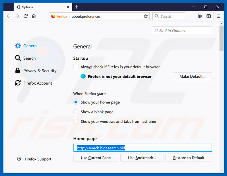 search.hidesearch.bid von der Mozilla Firefox Startseite entfernen