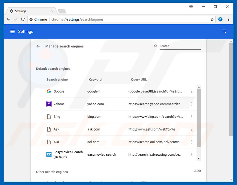 Removing search.iezbrowsing.com from Google Chrome default search engine