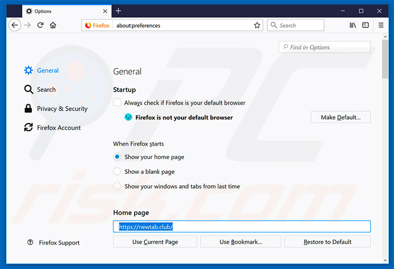Removing newtab.club from Mozilla Firefox homepage