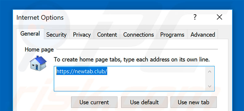 Removing newtab.club from Internet Explorer homepage