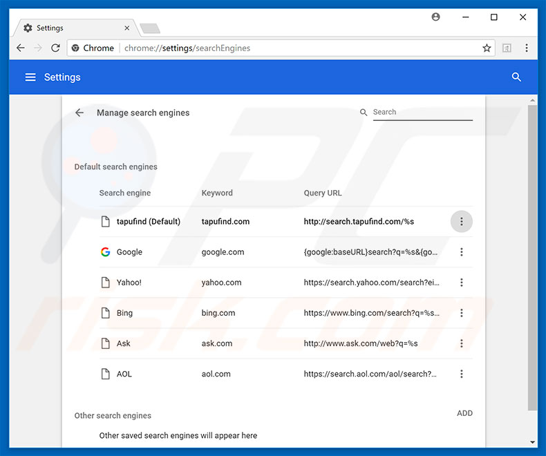 Removing search.tapufind.com from Google Chrome default search engine