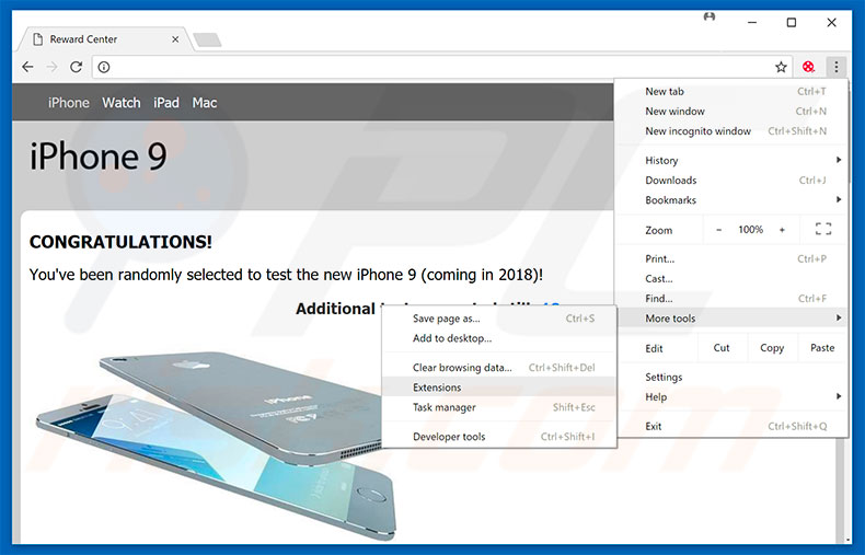 Removing You've Been Selected To Test iPhone 9  ads from Google Chrome step 1