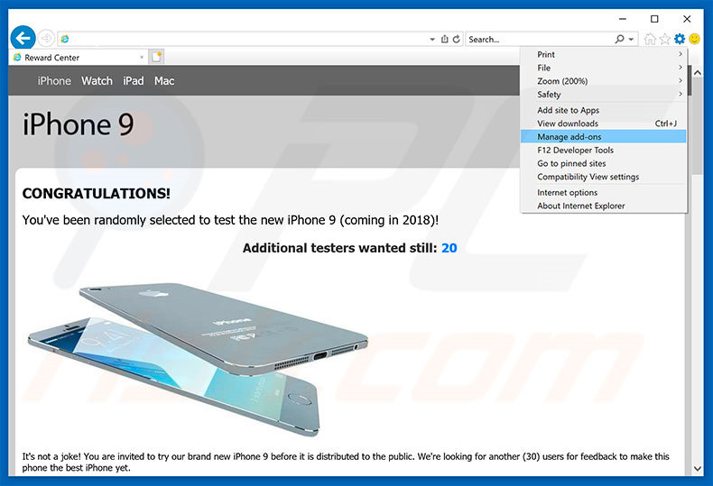 Removing You've Been Selected To Test iPhone 9 ads from Internet Explorer step 1